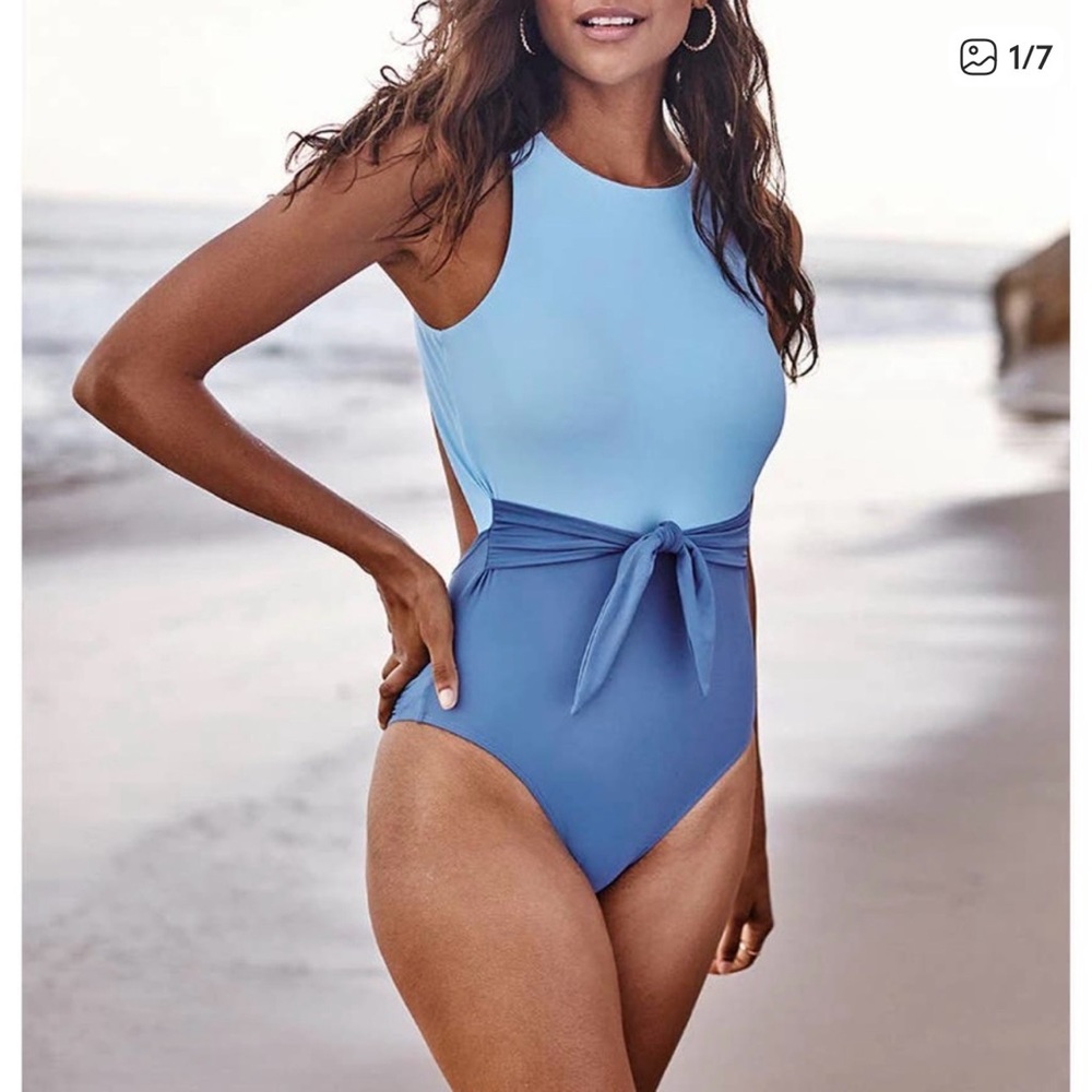 Summersalt The Tie Belted Cove One Piece Swimsuit Sky Blue Mountain Colorblock 8